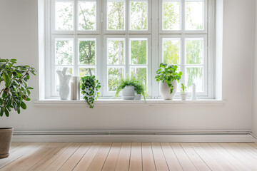 White empty room with green home plants. Interior mockup. Generative AI