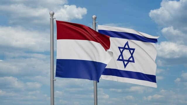 Israel and Netherlands two flags waving together, looped video, two country relations concept