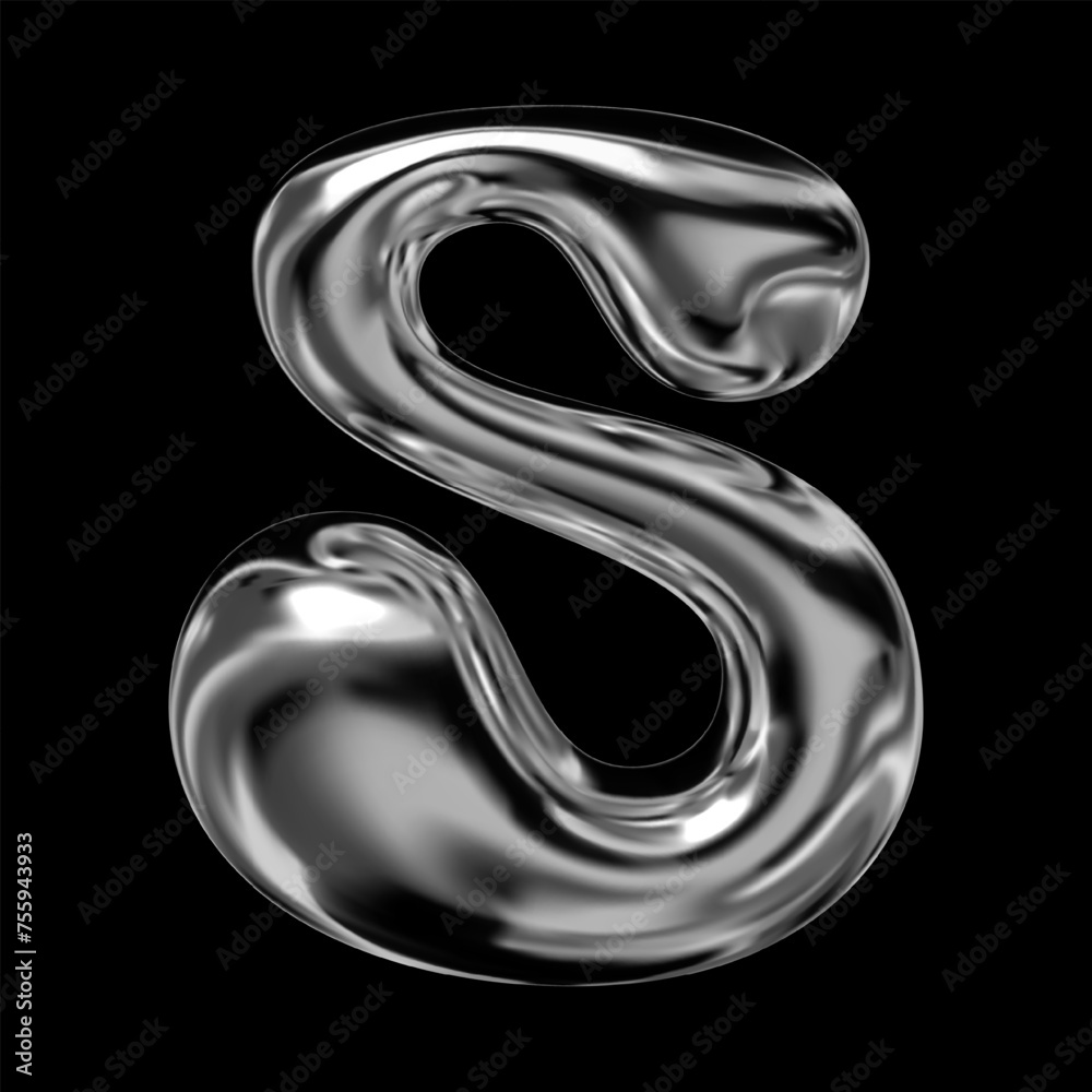 Wall mural 3d chrome number 5, numeral five, liquid metal with a glossy and metallic finish. five in an inflate - Wall murals