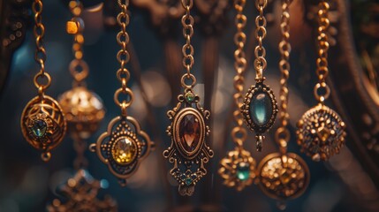 A bunch of necklaces hanging from a chain. Perfect for jewelry designs. - obrazy, fototapety, plakaty