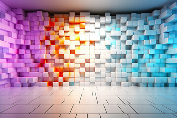 A wall with huge pixels and cubes of different colors. Abstract background. Generated by artificial intelligence