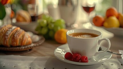 A simple composition of coffee and fruit on a table. Suitable for various food and beverage concepts.