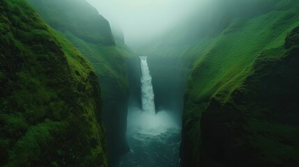 an aerial view of a waterfall in the middle of a lush green valley in the middle of a foggy day.