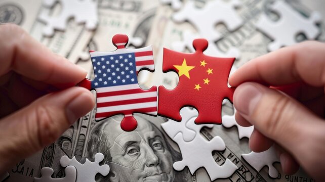 US and China puzzle pieces over money - Puzzle pieces representing the USA and China flags fitting together over American currency bills