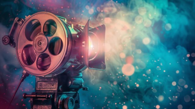 Vintage film projector with bokeh lights - A retro-style film projector with whimsical bokeh lights evokes nostalgia and the golden age of cinema