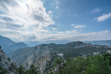 The scenic view of Termessos ancient city and the theater from Güllük Mountain, Antalya, Turkey