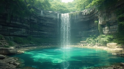 a waterfall in the middle of a body of water with a waterfall coming out of the middle of the water.