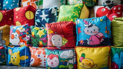 A playful arrangement of colorful pillows stacked one on top of the other