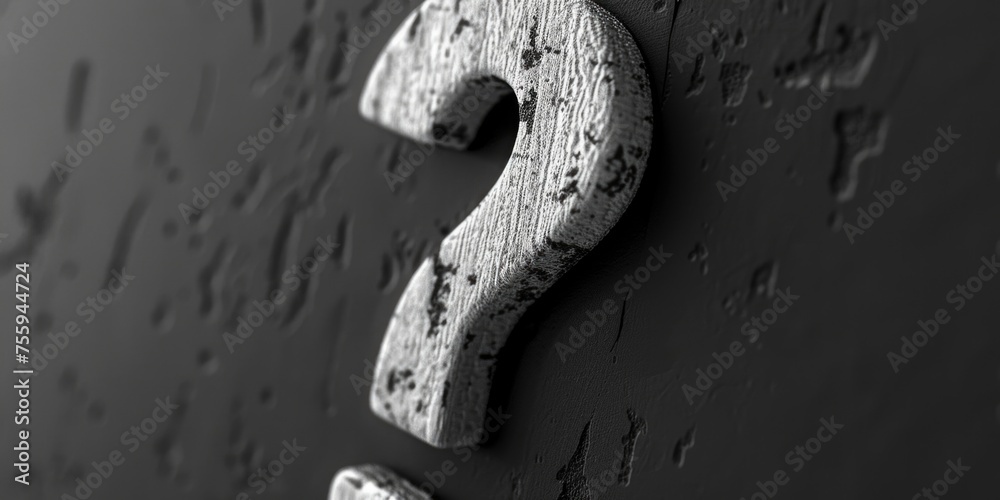 Poster a simple black and white photo of a question mark on a wall. suitable for educational or mystery-the
