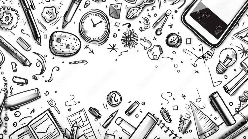 Poster A black and white drawing of a variety of objects. Suitable for a wide range of projects.