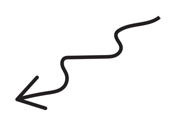 Curly downward doodle arrow icon isolated on a white background.