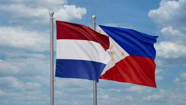 Philippines and Netherlands two flags waving together, looped video, two country cooperation concept
