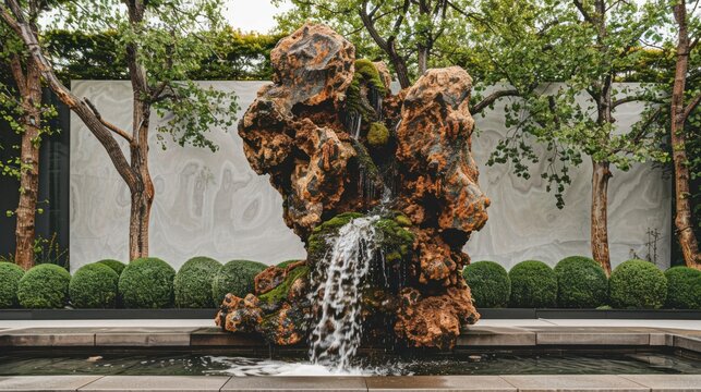 a statue of a waterfall in the middle of a garden with trees in the back ground and a wall in the background.