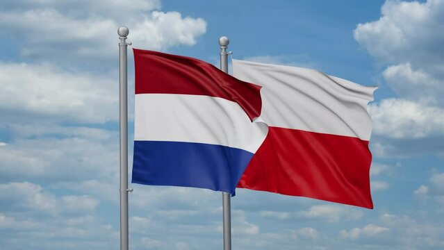 Poland and Netherlands two flags waving together, looped video, two country cooperation concept