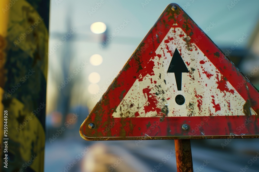 Poster detailed shot of a red and white sign on a pole, suitable for various uses.