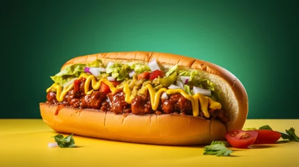 Keuken spatwand met foto A chili dog adorned with vibrant mustard, ketchup, and crisp lettuce © zainab