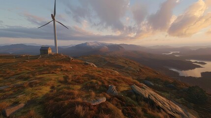 Obraz premium a wind turbine on a grassy hill with a body of water in the distance and a mountain in the background.