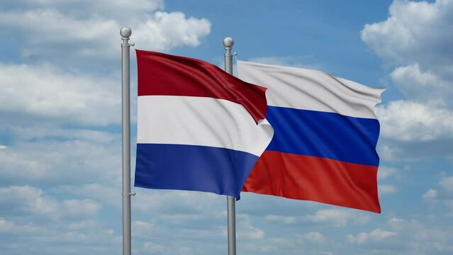 Russian Federation and Netherlands two flags waving together, looped video