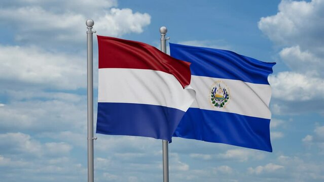 Republic of El Salvador and Netherlands two flags waving together, looped video, two country cooperation concept