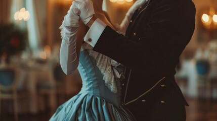 Portrait of historical young couple wedding dancing together in ballroom. AI generated image