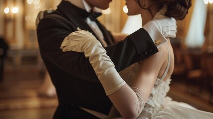Portrait of historical young couple wedding dancing together in ballroom. AI generated image - obrazy, fototapety, plakaty