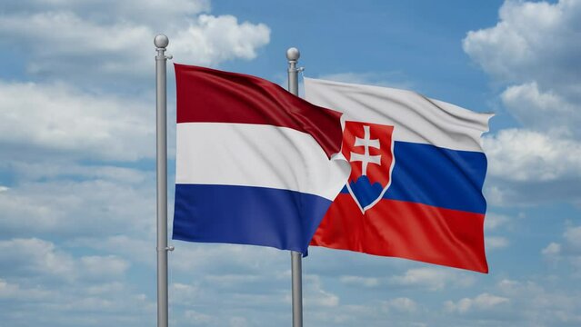 Slovak Republic or Slovakia and Netherlands two flags waving together, looped video, two country cooperation concept