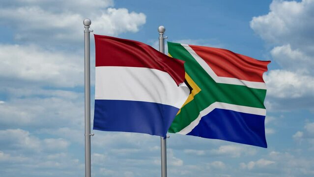 Republic of South Africa and Netherlands two flags waving together, looped video, two country cooperation concept