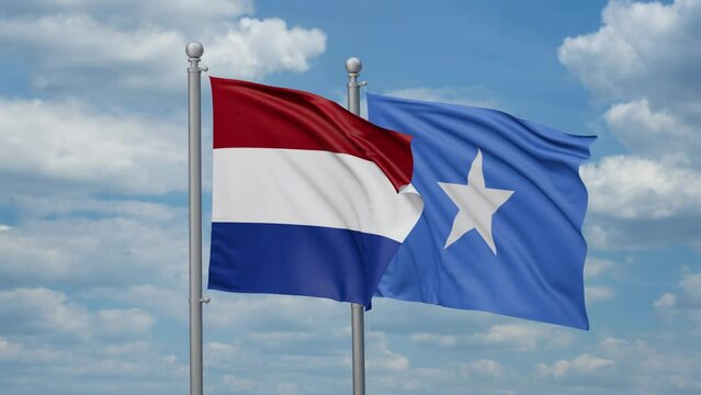 Somalia and Netherlands two flags waving together, looped video, two country cooperation concept