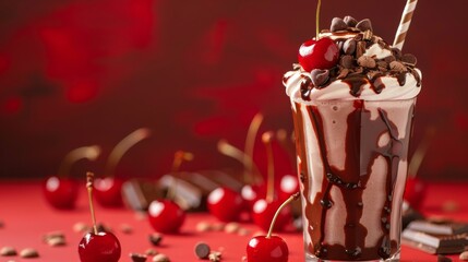 A chocolate milkshake adorned with cherries and chocolate chips