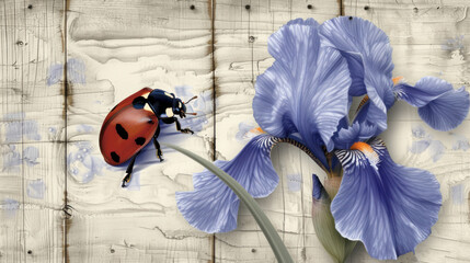 a ladybug sitting on top of a blue flower next to a wooden fence with a ladybug on it.