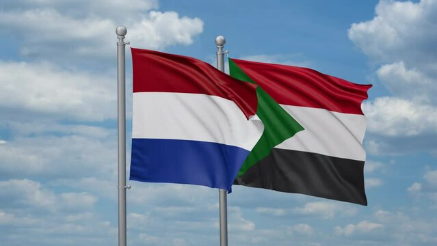 Sudan and Netherlands two flags waving together, looped video, two country cooperation concept