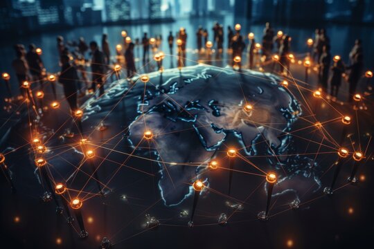 Global business structure of networking. Analysis and data exchange customer connection, HR recruitment and global outsourcing, Customer service, Teamwork, Strategy