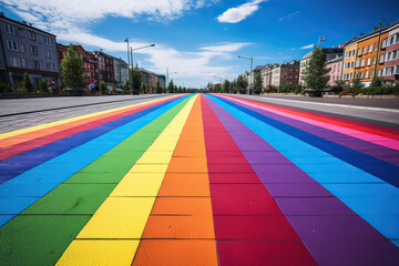 An asphalt road painted with rainbow stripes. LGBT pride symbol. Generated by artificial intelligence