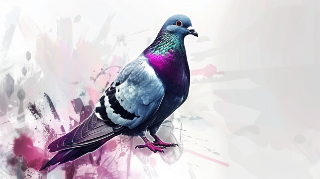 a colorful bird sitting on top of a pink and white background with paint splattered on it's wings.