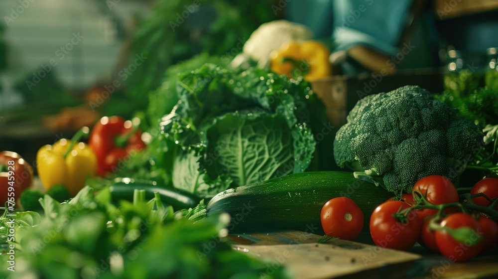 Poster assorted vegetables displayed on a table, suitable for healthy eating concept.