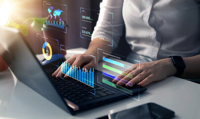 Fototapeta premium Business finance data analytics graph. Advisor using KPI Dashboard on virtual screen.Financial management technology. 