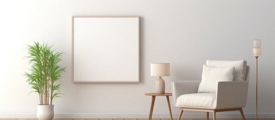 Fototapeta premium A cozy living room in a house, featuring a wooden chair, table, lamp, and a picture hanging on the wall. The room has a rectangular window, hardwood flooring, and a warm atmosphere