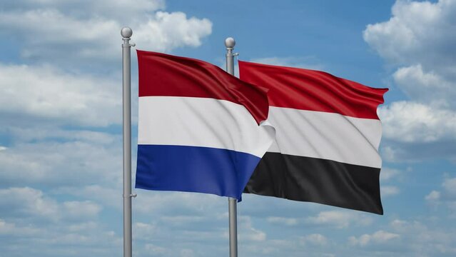 Yemen and Netherlands two flags waving together, looped video, two country cooperation concept