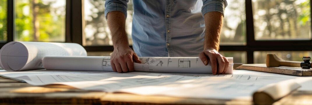 Architect rolling out building blueprints - An architect begins to roll out detailed architectural plans on a table in a sunlight-filled workspace