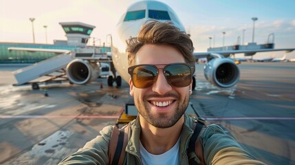 A joyful young man poses against an airplane background, exuding excitement and wanderlust as he embarks on his travel adventure - obrazy, fototapety, plakaty