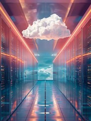 Cloud server hallway with bright end - A visually striking cloud server hallway with a bright opening at the end, interpreting data storage and cloud computing