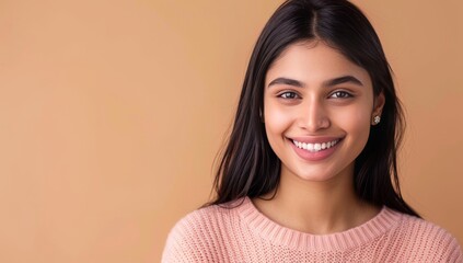 Vibrant Vibes: Stylish Indian Woman in Pink Sweater, Beige Background generative ai