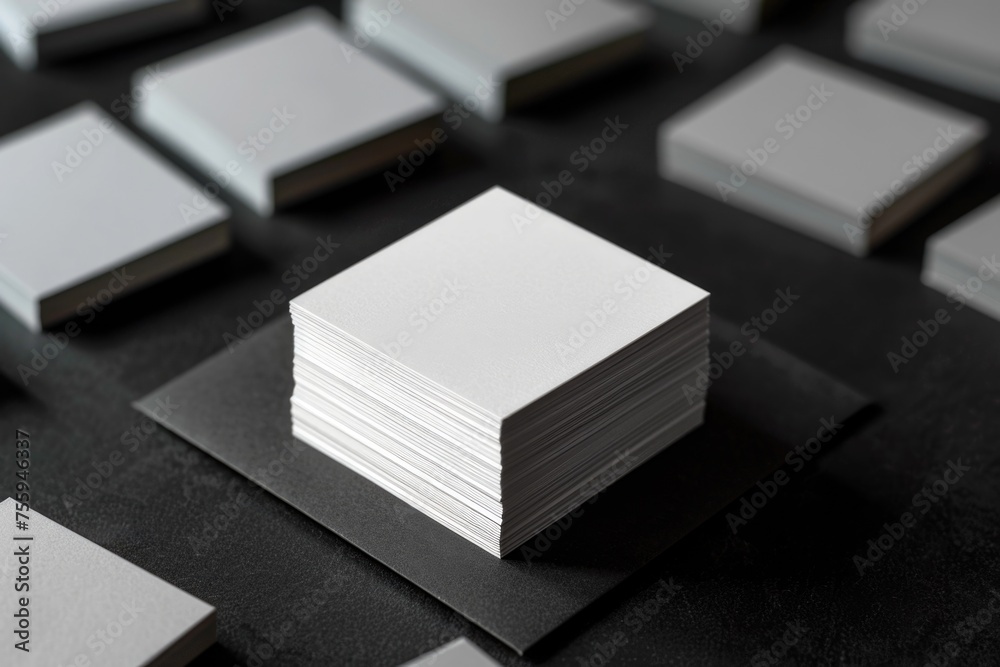 Poster White cards stacked on a table, versatile image for various projects.