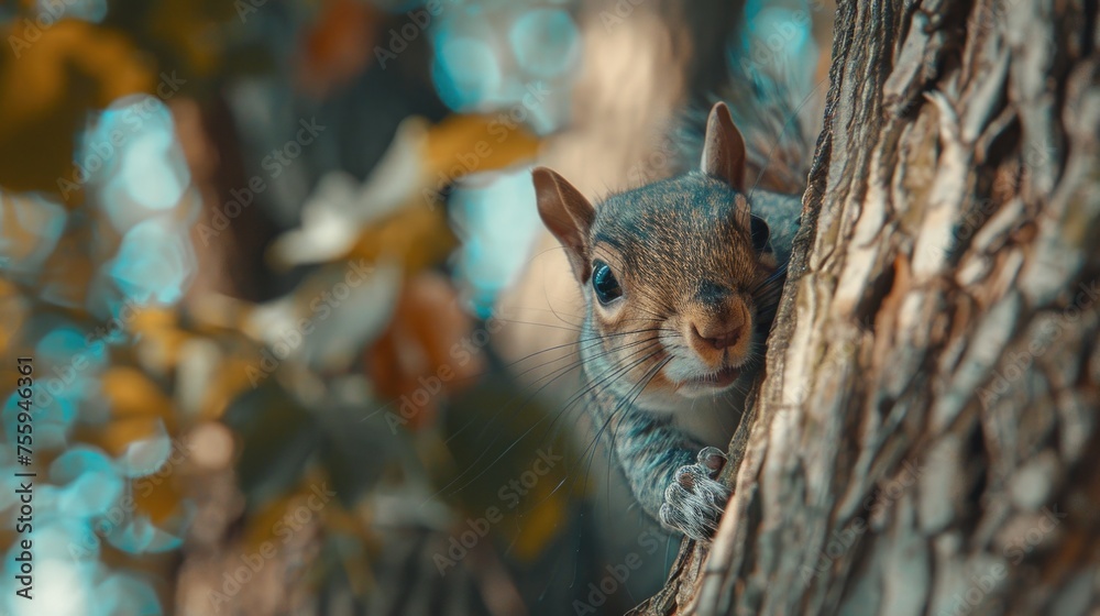 Poster close-up of a squirrel perched on a tree. suitable for nature and wildlife themes.
