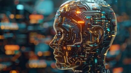 Futuristic AI human head with digital brain - The image showcases an advanced artificial intelligence head profile with a glowing digital brain highlighting concepts of future technology and intellige