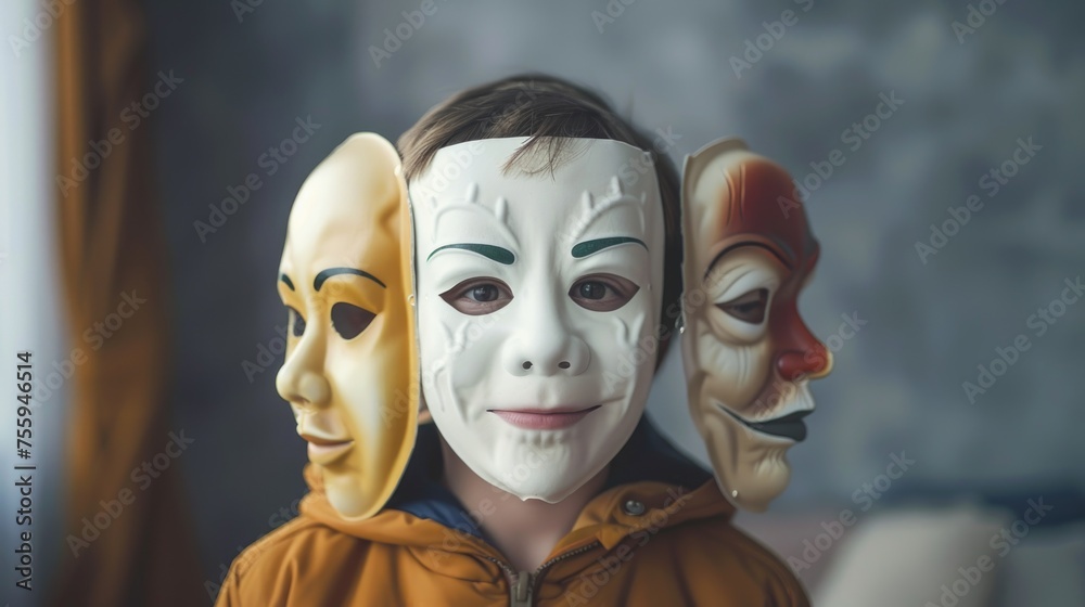 Poster person wearing a mask with three different faces, suitable for concepts of identity and disguise.