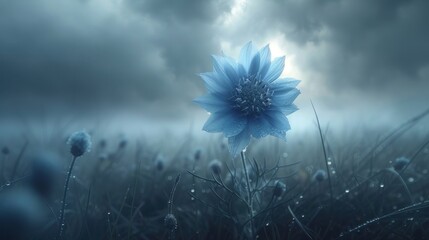 a blue flower is in the middle of a field of grass with a dark sky in the background and raindrops on the grass.