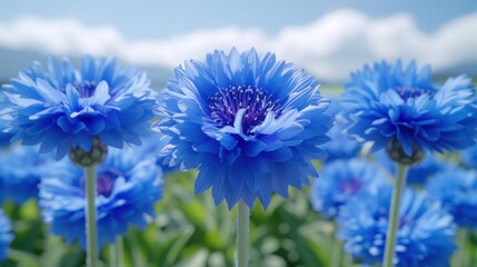 a bunch of blue flowers that are in the middle of a field of blue flowers with a blue sky in the background.