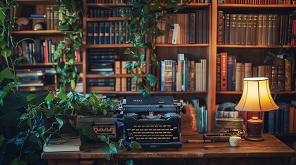 Cozy writer's nook with vintage typewriter and bookshelves - obrazy, fototapety, plakaty