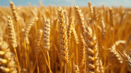Fototapeta premium a close up of a field of wheat with a blue sky in the background of the photo.
